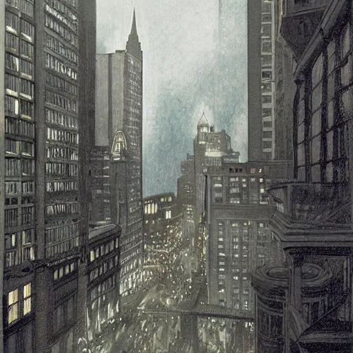 Prompt: muted color ultra realistic painting of a balcony view of 1 9 2 5 boston downtown at night, looking like dr strange mirror dimension, dark, brooding, night, atmospheric, ultra - realistic, smooth, highly detailed in the style of clyde caldwell