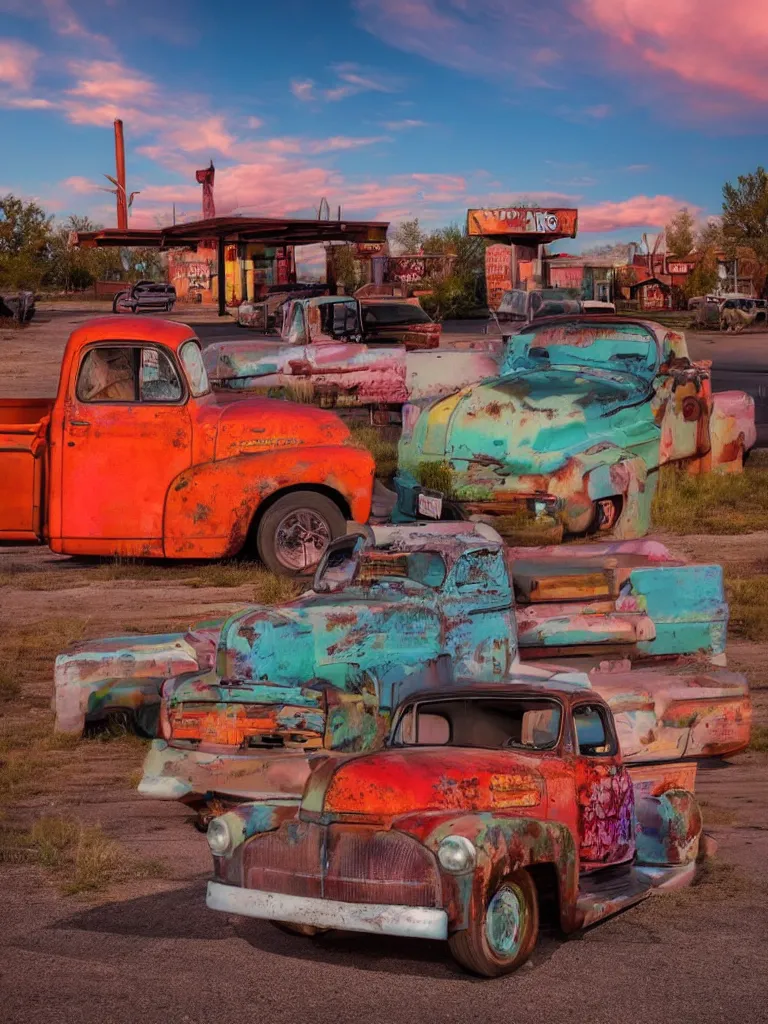 Image similar to A beautiful colorful evening scene of route66 with abandoned gas station and rusty old pickup truck :: hyper realistic