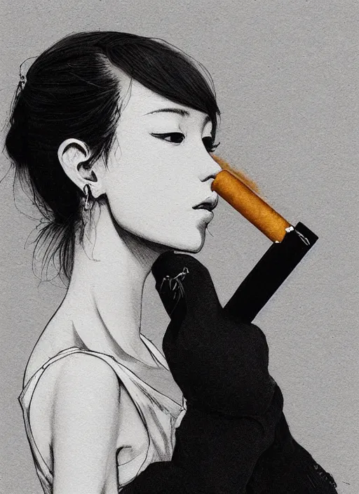 Image similar to portrait of a beautiful girl smoking a cigarette, by takehiko inoue and kim jung gi and hiroya oku, masterpiece illustration, ultrarealistic, realistic hand reference, perfect face and anatomy, golden ratio