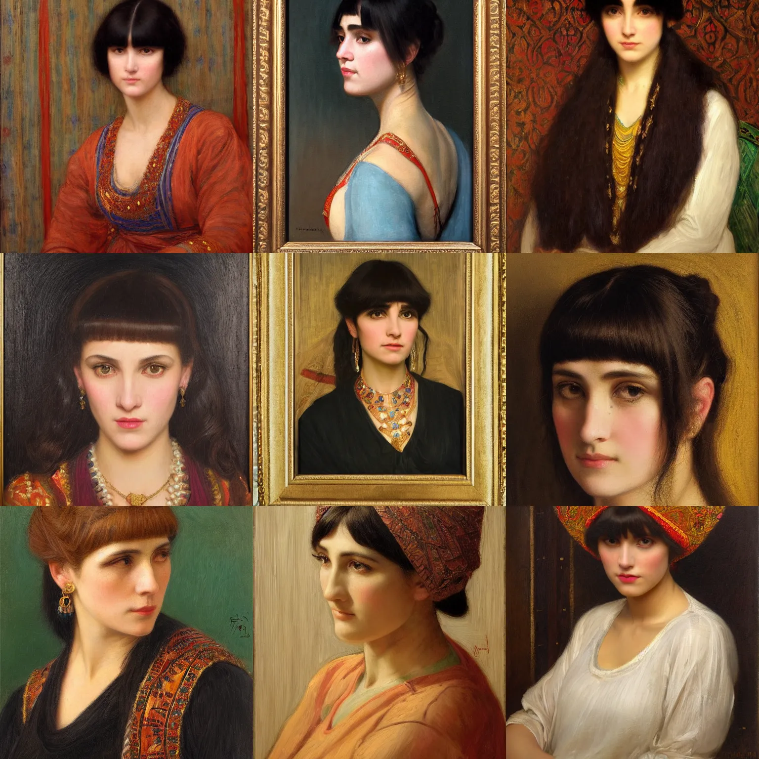 Prompt: orientalism portrait of a woman with bangs by Edwin Longsden Long and Theodore Ralli and Nasreddine Dinet and Adam Styka, masterful intricate artwork. Oil on canvas, excellent lighting, high detail 8k