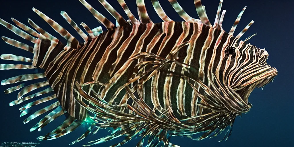 Prompt: lionfish, stylized layered textures, long flowing fins, bioluminescent orbs, 3 d render, substance painter, glowing eye, smooth, sharp focus, art by h r giger