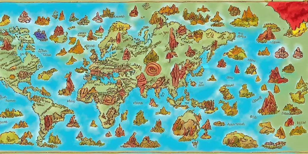 Image similar to a fantasy world map where an entire continent was formed by a giant candy cane once crashing into the earth creating the candy continent