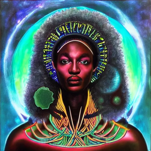 Image similar to afrofuturistic techno - mage uploading ancestral knowledge to the uni - mind interface, dark fantasy, occult, high - quality surrealist painting