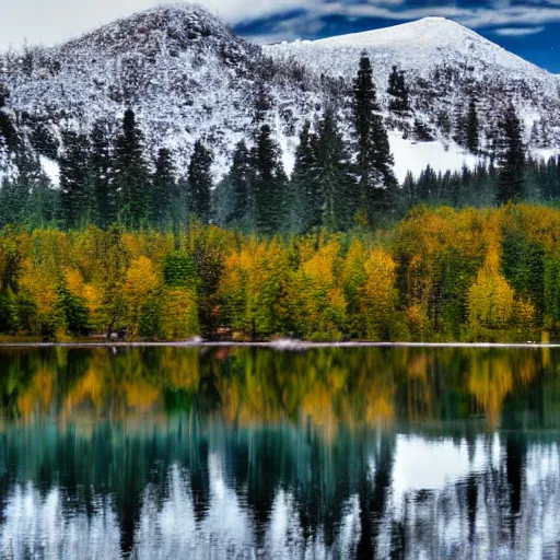 Prompt: A cabin in the woods near a lake and a mountain, snowy, reflection on clear lake, 4k HD award winning photograph