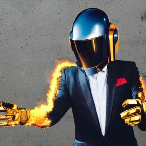 Image similar to Man in a suit holding a daft punk helmet in one hand, looking at an explosion, favela