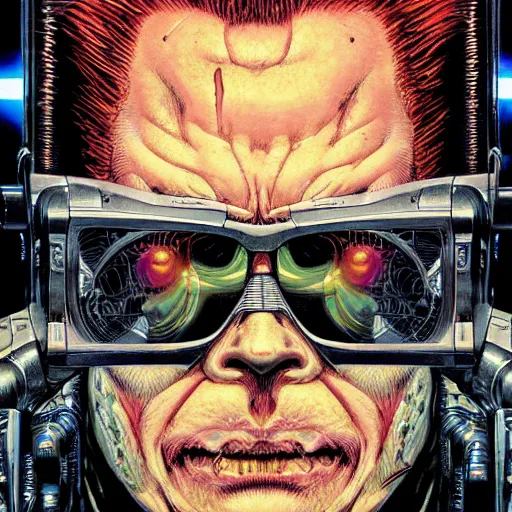 Image similar to portrait closeup of crazy terminator, symmetrical, cinematic colors, by yoichi hatakenaka, masamune shirow, josan gonzales and dan mumford, ayami kojima, takato yamamoto, barclay shaw, karol bak, yukito kishiro