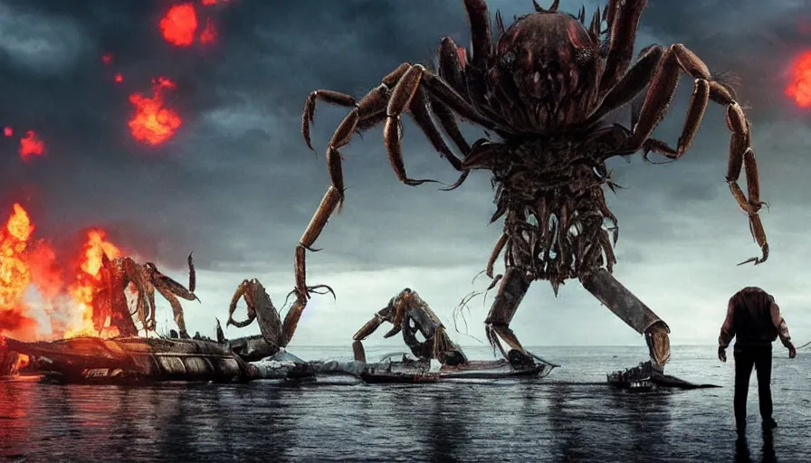 Prompt: big budget horror movie about giant mutant crabs fighting tanks in a city