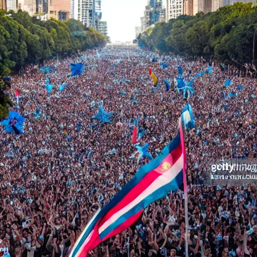 Image similar to Lady Gaga as President, Argentina presidential rally, Argentine flags behind, bokeh, epic photo, detailed face, Argentina
