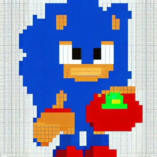 Prompt: pixel art sonic the hedgehog, smiling, holding a birthday cake, saying happy birthday!
