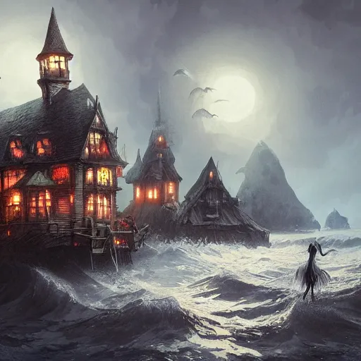 Image similar to realistic scary witches in front of a candy witch house, floating on the ocean, epic scene, fantasy, cinematic, hyper - detailed, in the style of greg rutkowski