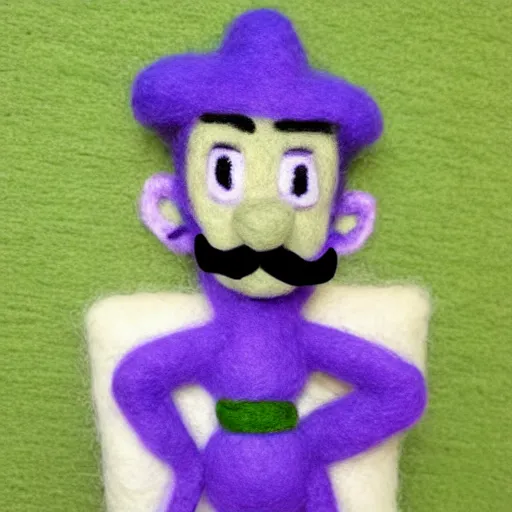 Image similar to a needle felted waluigi, needle felting art.