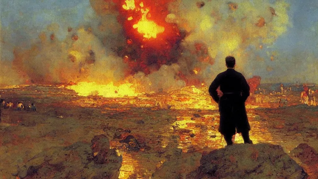 Image similar to high quality high detail painting by ilya repin, man standing in front of huge explosion, epic composition, hd