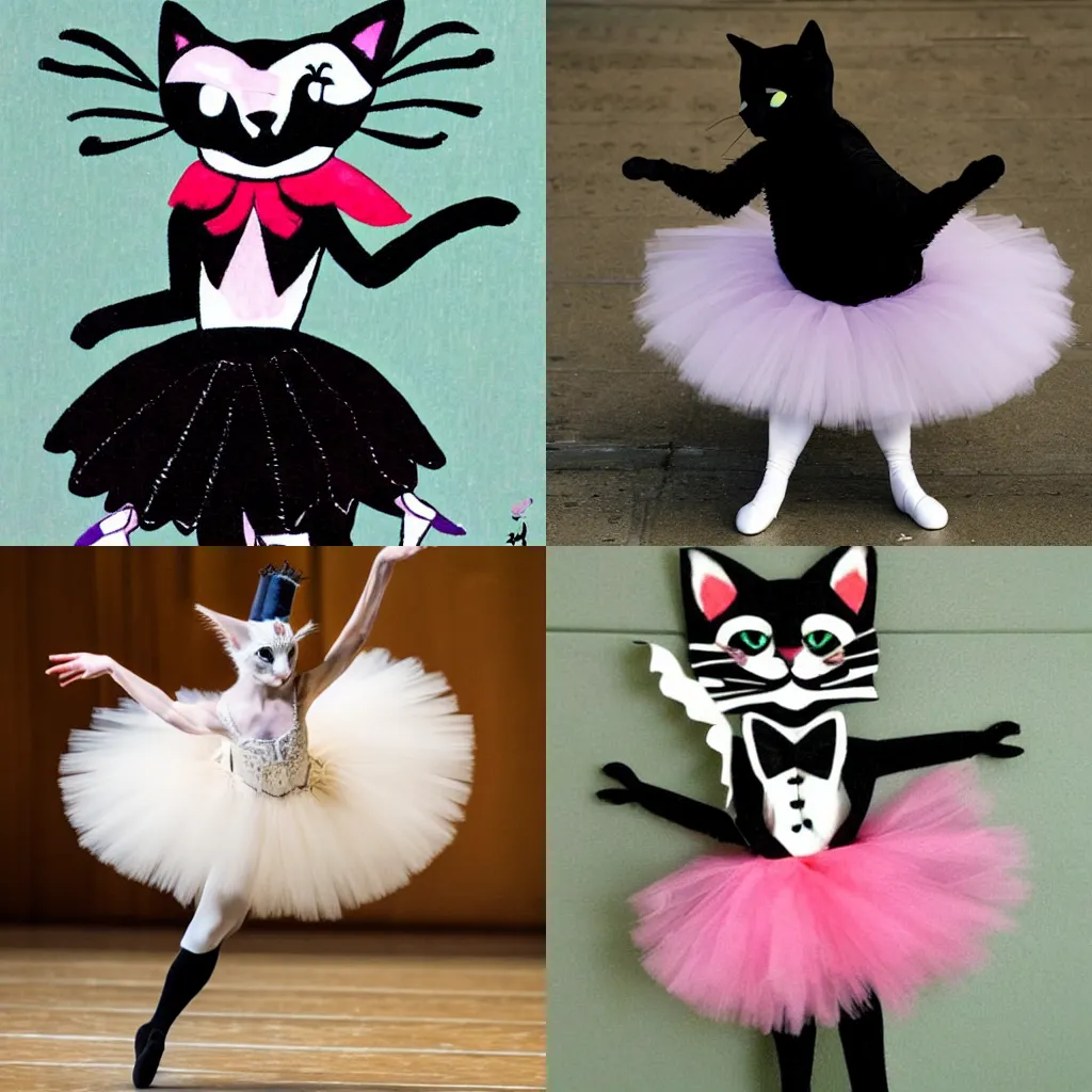 Prompt: anthropomorphic cat dressed in tutu dancing to swan lake ballet