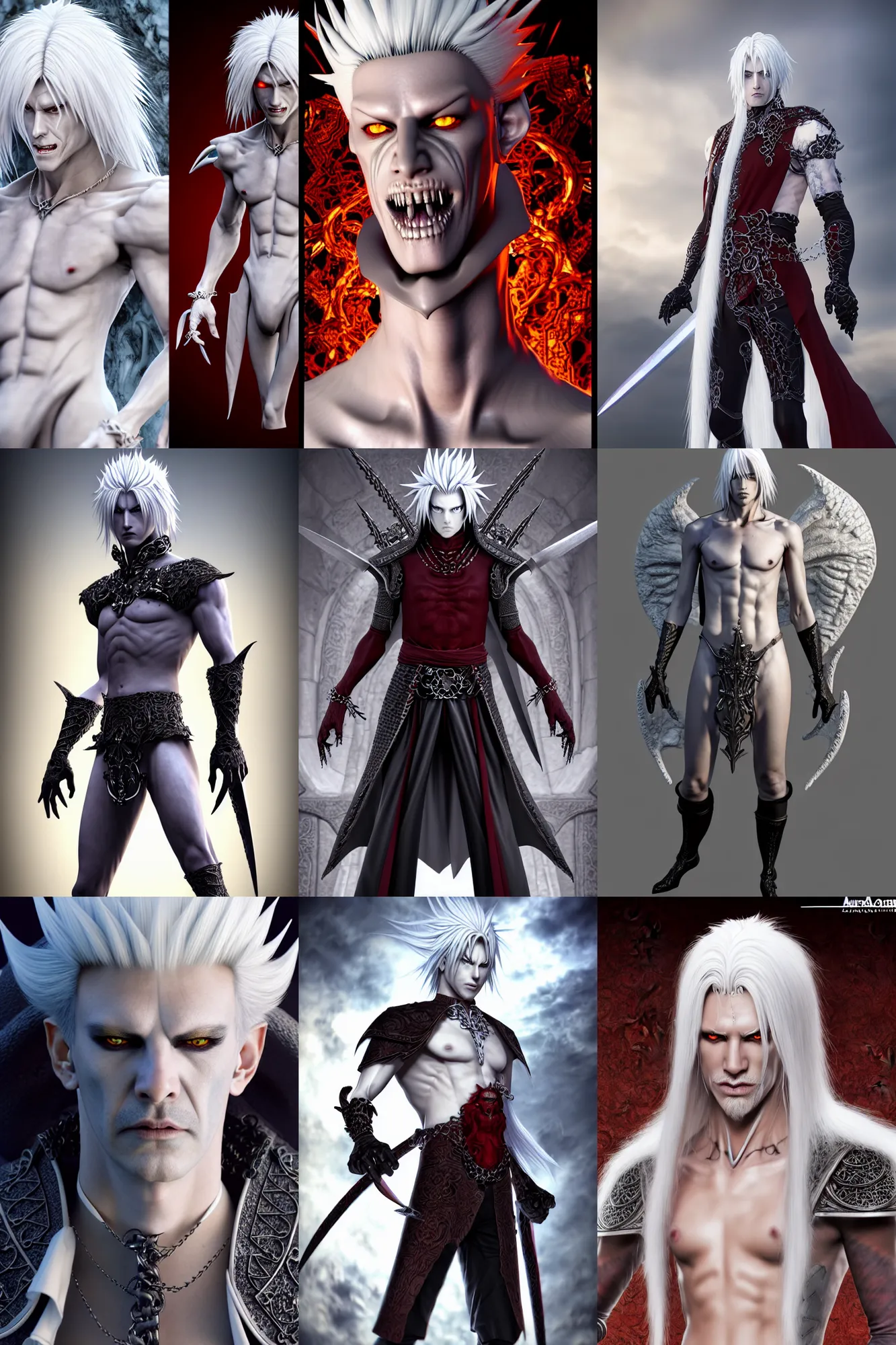 Prompt: complex 3 d render hyper realistic full length illustration of a handsome! powerful white haired demon necromancer, d & d, medieval fantasy, character design, concept art, 8 k, hd, epic scene, dante's inferno, symmetrical, art by takeshi obata + billelis + hirohiko araki