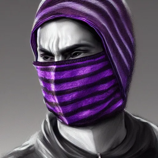 Image similar to ultra realistic illustration, man in a black hood, in a striped purple balaclava, mysterious, highly detailed, digital painting, artstation, concept art, smooth, sharp focus, illustration