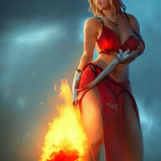 Image similar to Fire giantess, **giving lap pillow**, fire in hand, warrior queen, concept art, artstation, 4k