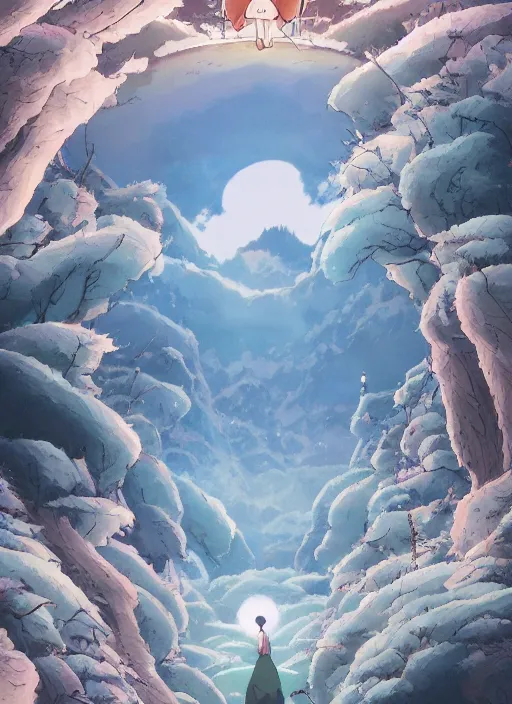 Image similar to the flim poster of a magical place around mountains and river, white spirit flying around the sky, miyazaki's animated film, ghibli studio, princess mononoke, 4 k, highly detailed, horizon view, cinematic composition, hyperdetailed,