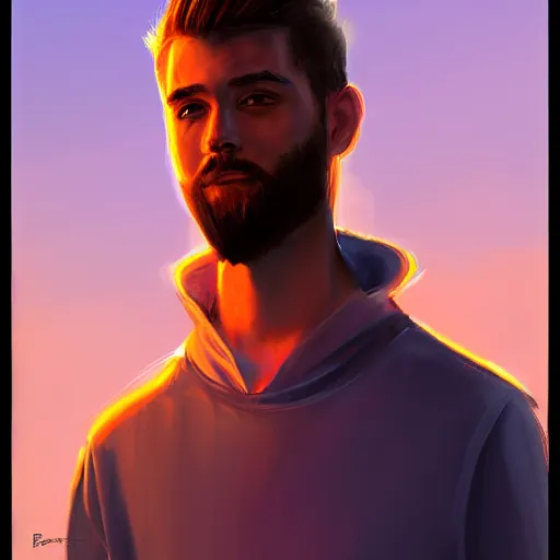 Prompt: young man with a trimmed beard, beautiful sunset, high definition, concept art, digital painting, art by Bowater and Charlie