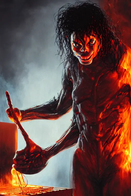 Image similar to michael jackson cooking a bbq as a demon in hell, anatomy, bathed in light, highly detailed, photorealistic, artstation, smooth, sharp focus, illustration, unreal engine 5, 8 k, art by artgerm and greg rutkowski and edgar maxence