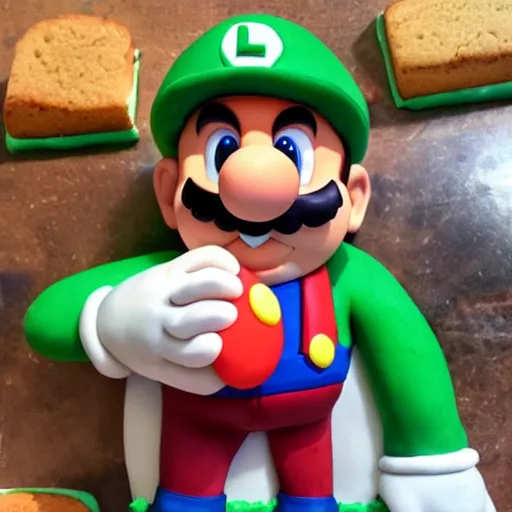 Image similar to Mario eating a cake shaped like Luigi