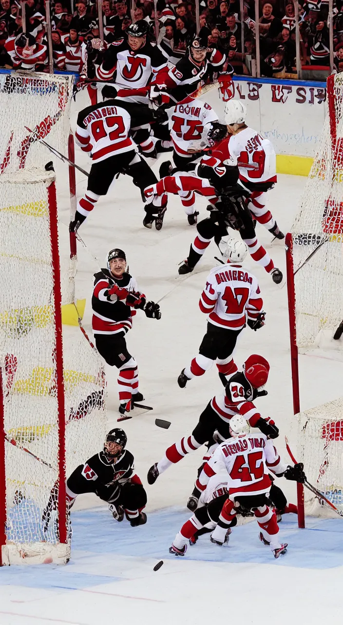 Image similar to 3 5 mm photograph of the new jersey devils hockey team scoring goals, realistic, highly detailed, color