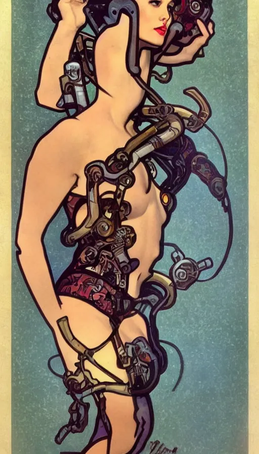 Image similar to full body cyberpunk beautiful woman in the style of a 1 9 4 0 s oil painted pin - up, alphonse mucha