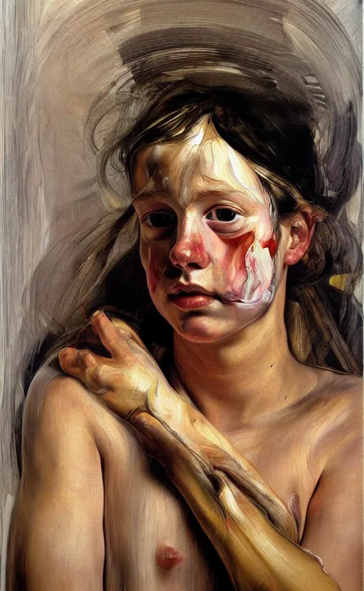 Prompt: Oil painting Portrait of a girl by Jenny Saville and Lucian Freud, Abstract brush strokes, Masterpiece