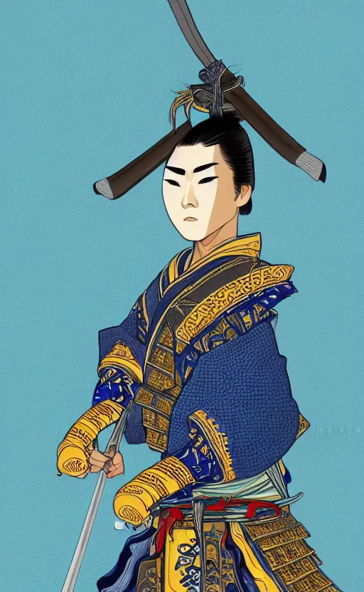 Prompt: highly detailed beautiful photography of a samurai, sharp focus, dynamic lighting, elegant, harmony, beauty, masterpiece, by roberto ferry, illustration, blue background