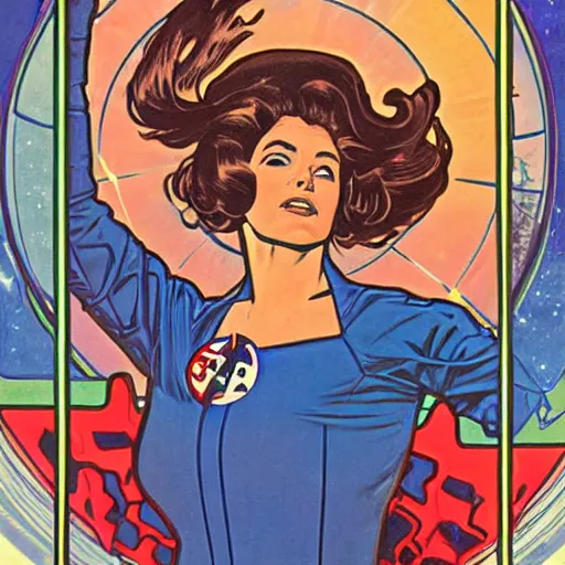 Prompt: a woman with straight brown hair, floating in space. she is an astronaut, wearing a space suit. well composed, clean elegant painting, beautiful detailed face. comic book art by steve ditko and jack kirby and ( alphonse mucha )