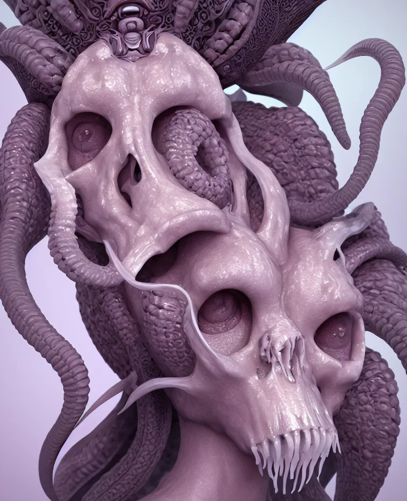 Image similar to goddess princess face close-up portrait ram skull. hard surface sculpting zbrush. jellyfish phoenix head, nautilus, orchid, skull, betta fish, bioluminiscent creatures, intricate artwork by Tooth Wu and wlop and beeple. octane render, trending on artstation, greg rutkowski very coherent symmetrical artwork. cinematic, hyper realism, high detail, octane render, 8k