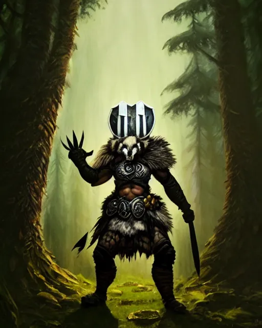 Prompt: Badger Warrior holding shield, forest background, D&D, artstation, fantasy, magic the gathering artwork, cinematic lighting, centered, symmetrical, highly detailed, digital painting, , concept art, smooth, sharp focus, illustration, volumetric lighting, epic Composition, 8k, art by Akihiko Yoshida and Greg Rutkowski and Craig Mullins, oil painting, cgsociety