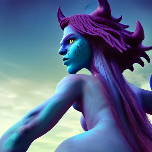 Prompt: a blue-skinned DND triton girl sitting on the shoulders of a massive barbarian, high resolution film still, 4k, HDR colors