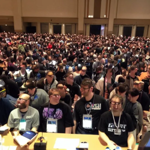 Prompt: A bunch of nerds at DEF CON linecon