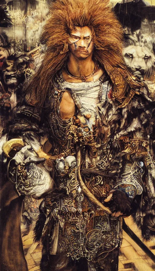 Image similar to 8 k yoshitaka amano painting of upper body of a young cool looking lion beastman with white mane at a medieval market at windy day. depth of field. he is wearing complex fantasy clothing. he has huge paws. renaissance style lighting.