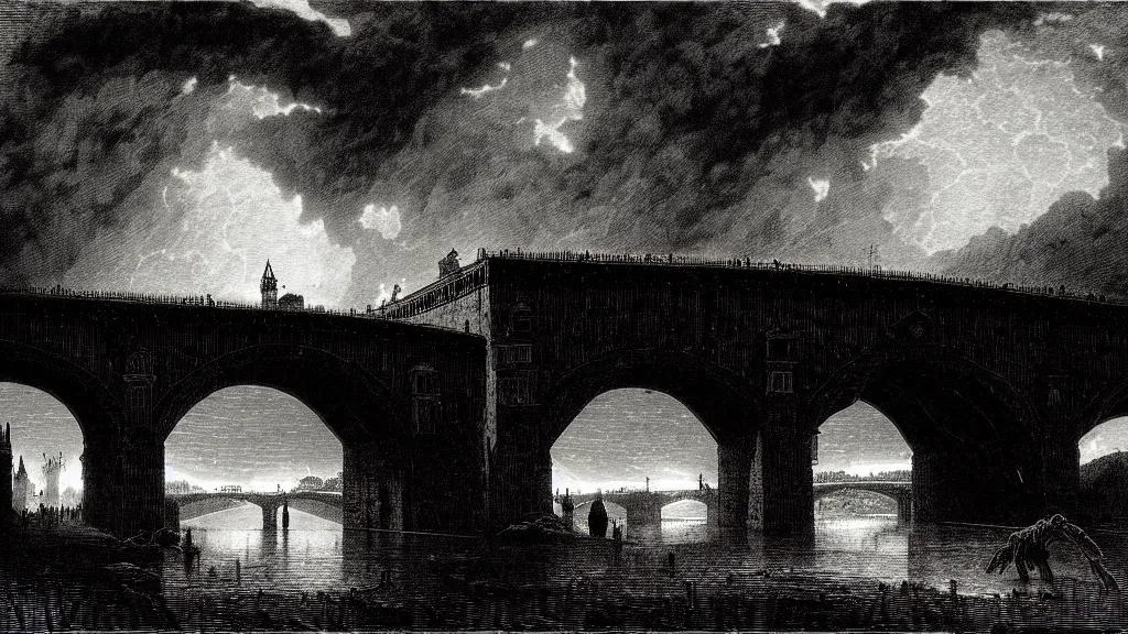 Prompt: the old bridge in florence burns, dark clouds, fire, burning, dark, eerie, night, dystopian, city, eldritch, illustration by Gustave Doré