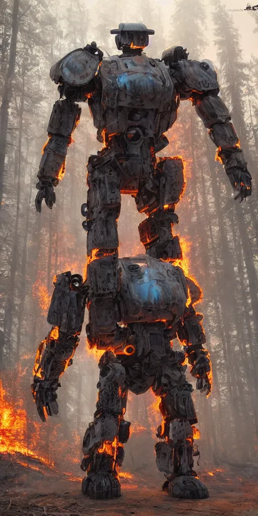 Prompt: giant mech teddybear robot walking through burning forest, dystopian, sci-fi, extremely detailed, digital painting, sculpted in zbrush, artstation, smooth, sharp focus, illustration, chiaroscuro lighting, golden ratio, incredible art, artgerm
