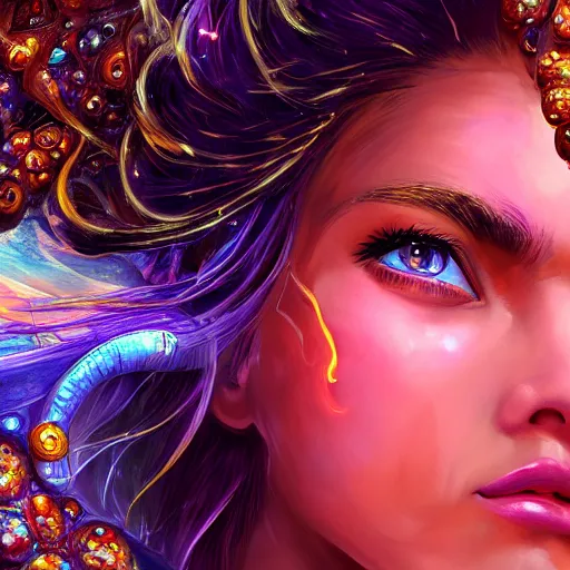 Image similar to highly detailed close up portrait of a celestial girl with a body made of cosmic energy, character art, studio lightning, bright colors, intricate, masterpiece, photorealistic, hiperrealistic, sharp focus, high contrast, Artstation HQ, DeviantArt trending, 4k UHD, Unreal Engine 5