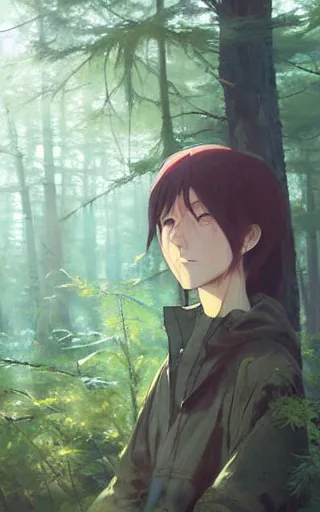 Image similar to anime character in the woods, hyperrealistic, trending on pixiv fanbox, painted by greg rutkowski makoto shinkai takashi takeuchi studio ghibli, akihiko yoshida