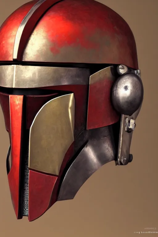 Image similar to an artistic and realistic 8k sculpture of a Mandalorian helmet, bright neon color, steampunk, dramatic lighting, silver gold red details, filigree, intricate details, cinematic, elegant, micro detail, octane render, filmic, interesting camera angle, head and shoulders, 8k post-processing, intricate art by John Collier and Alphonse Mucha and Greg Rutkowski