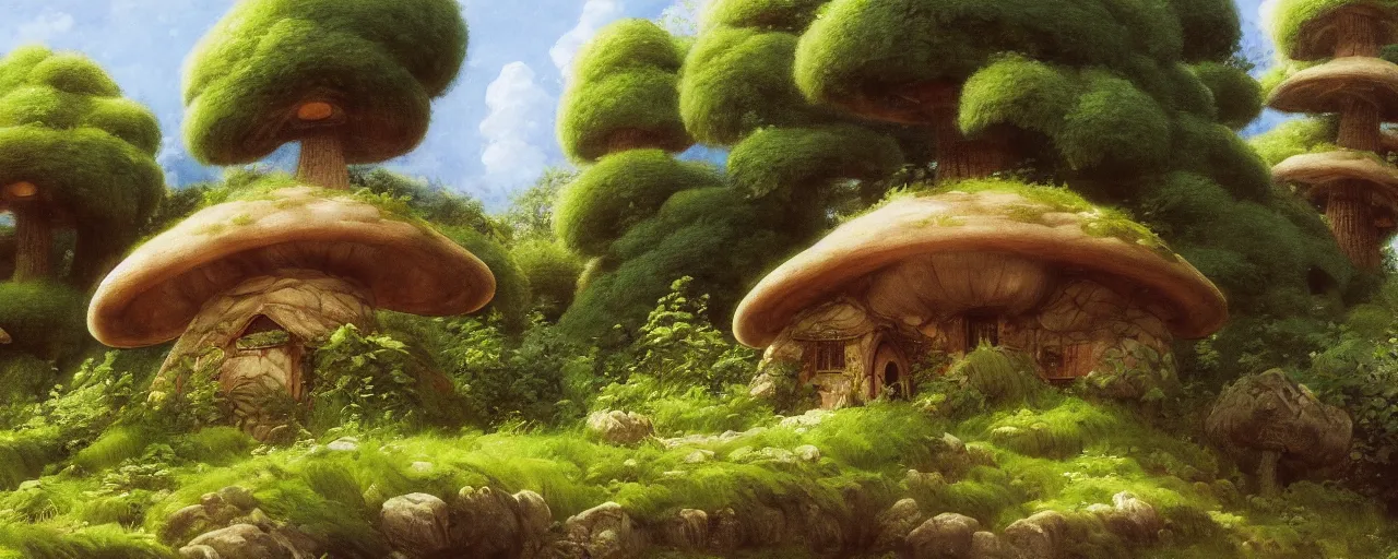 Image similar to ghibli illustrated background of a mushroom shaped house by eugene von guerard, ivan shishkin, john singer sargent, 4 k