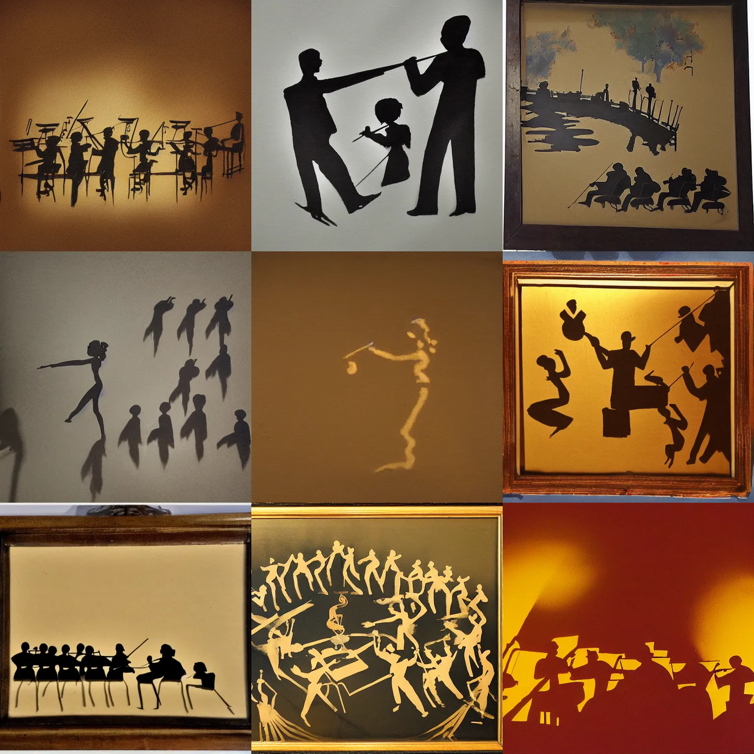 Prompt: water painting, shadow puppet of an orchestra