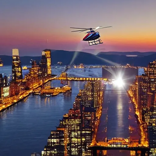 Image similar to photograph of a helicopter taking off over the hudson river HD 4k