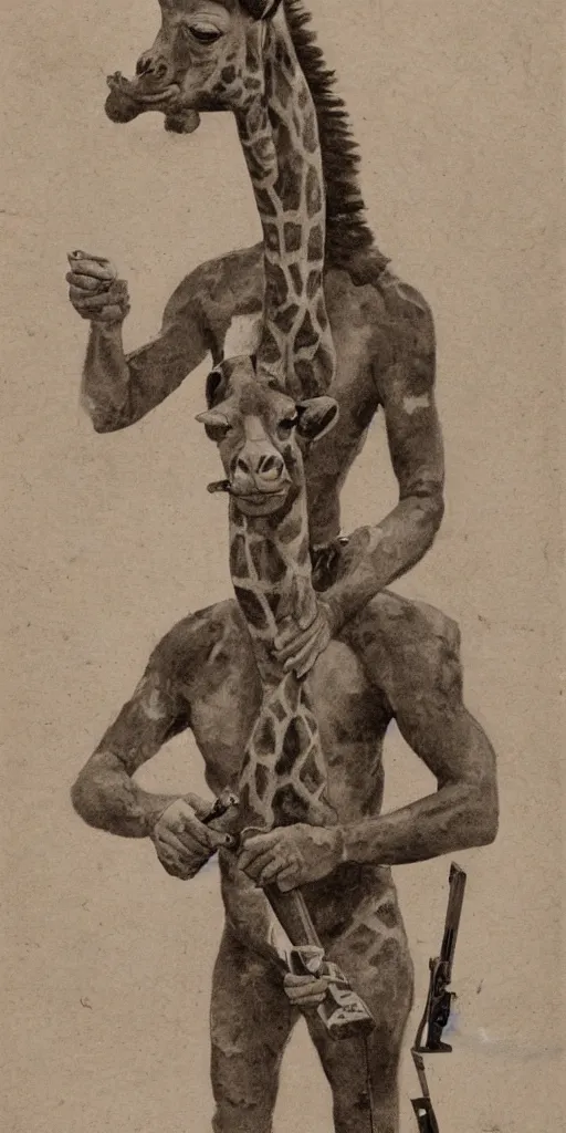 Prompt: soldier with the head of a giraffe and the body of an orangutan