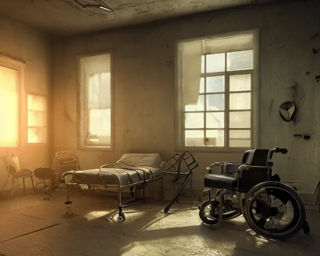 Prompt: artstation scifi scene an old ward, one ceiling fan, wheelchair, crutches, 3 beds, dust, paneled walls, unreal engine 5, hyper realism, realistic shading, cinematic composition, blender render, octane render, hdr, detailed textures, photorealistic, wide shot