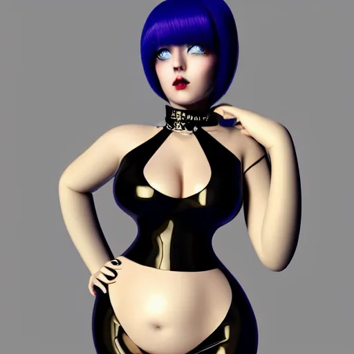 Prompt: a feminine curvy pale hot goth cutie wearing an tight navyblue-black-gold latex-nylon high-neck dress, choker necklace, cgsociety, photorealistic, sublime-cool-hyperadvanced-dark-amorous ambience, 16k, smooth, sharp focus, trending on ArtStation, volumetric lighting, fully clothed, thin waist