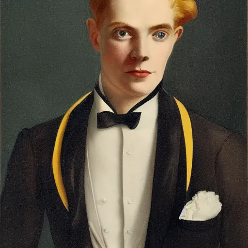 Prompt: full body portrait of a young redhead handsome male by leyendecker, perfectly symmetrical composition, rule of thirds, a symmetrical clean - shaven face and white eyes, wearing a white tuxedo jacket with a yellow popper flower in its lapel, symmetry, reflection, mirrors, myth of narcissus, by pierre et gilles