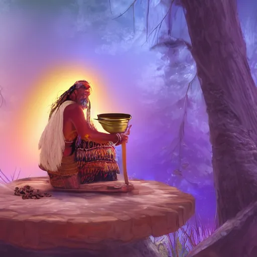 Image similar to a shaman preparing a magic decoction in a dreamy atmosphere, 4 k, 3 d, digital painting