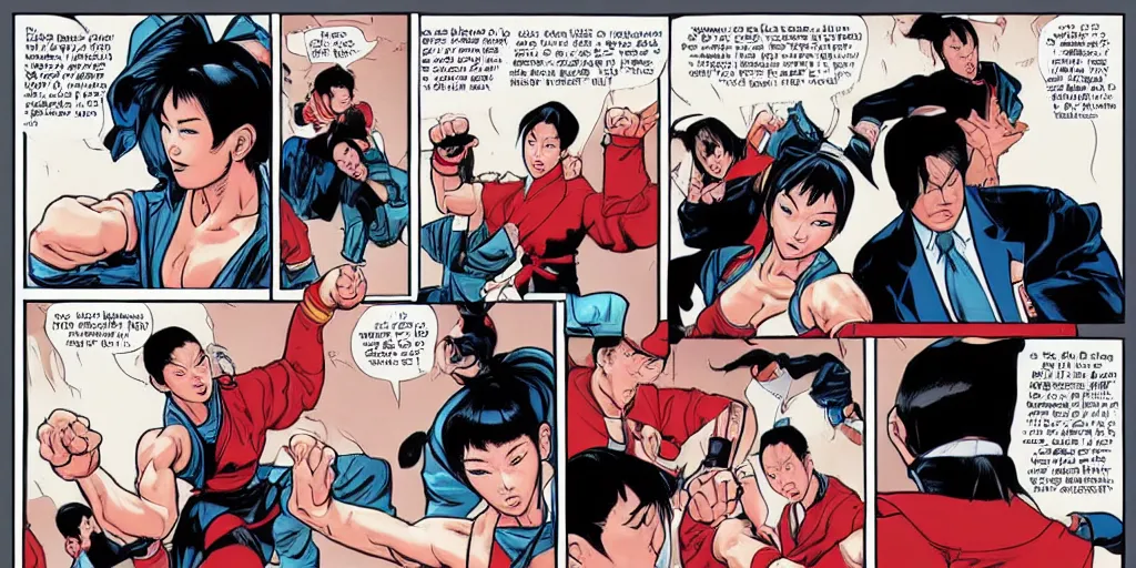 Image similar to Chun Li teaching Trump karate. Epic painting by James Gurney and Laurie Greasley.