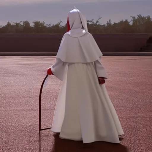 Image similar to A full body shot of Emma Stone dressed as a nun , catholic , high quality, fully detailed, 4k, inspired by handmaid's tale