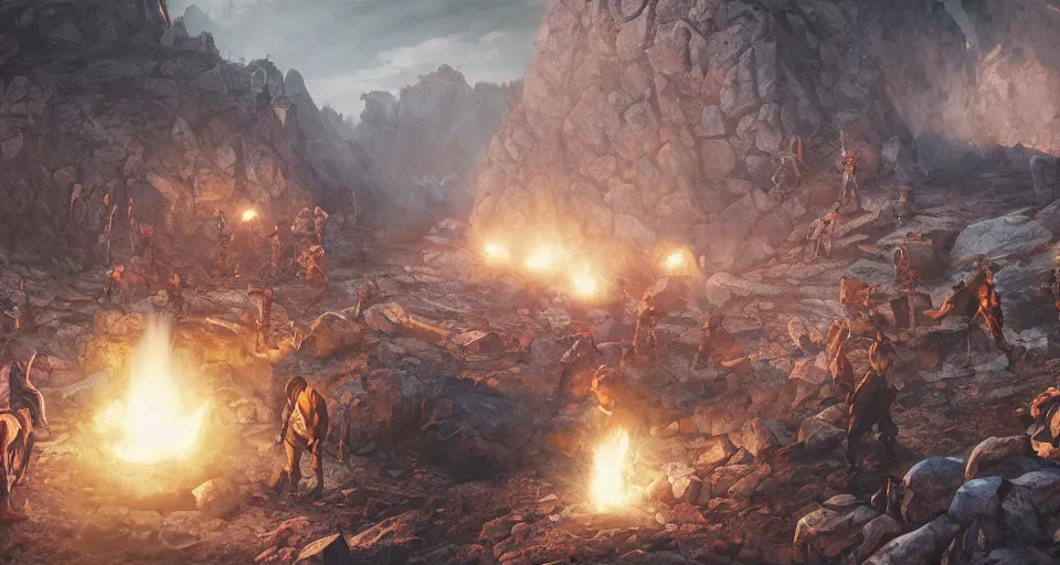 Image similar to An epic fantasy comic book style landscape painting of young breaker boys working in the mines to break ore, unreal 5, DAZ, hyperrealistic, octane render, dynamic lighting